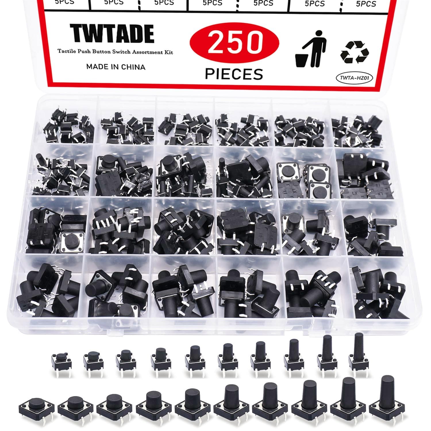 TWTADE 250-Piece Tactile Push Button Assortment